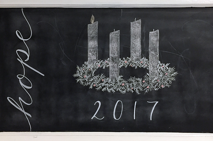 advent chalk art with advent wreath, year, and the word hope