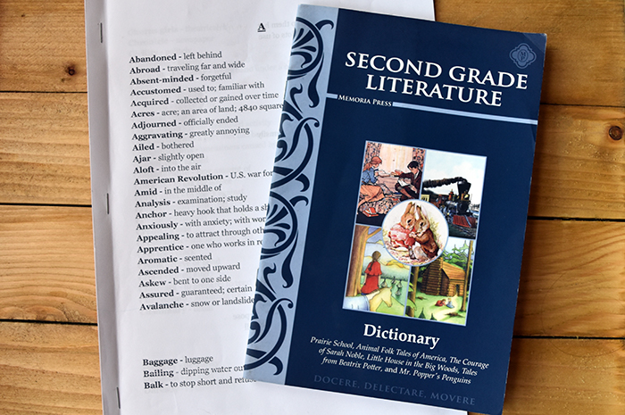 Printable homeschool literature dictionary and Memoria Press second grade literature dictionary