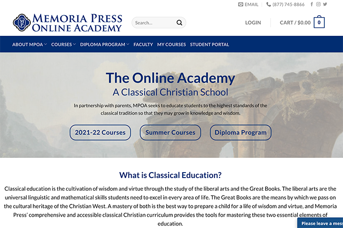 Screenshot of Memoria Press Online Academy homepage