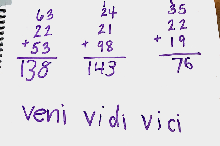 Struggling learner says, "Veni, Vidi, Vici" after conquering their math assignment