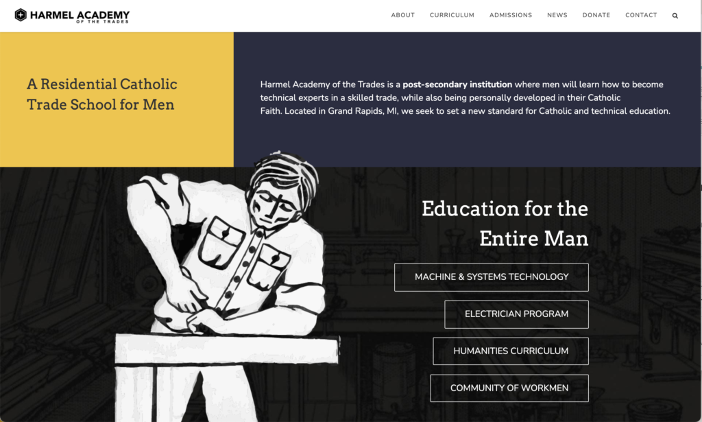 Screenshot of home page for Harmel Academy of the Trades