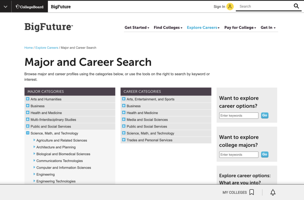 Screenshot of College Board resources for majors and careers