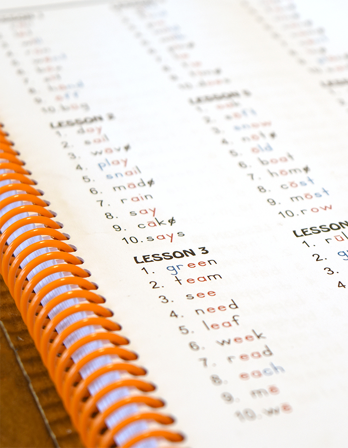 Color-coded spelling words in homeschool teacher guide