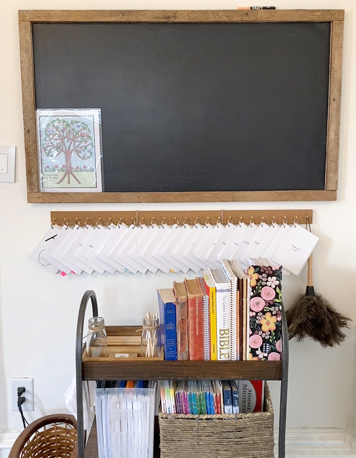 Chalkboard and storage space in minimalist homeschool room
