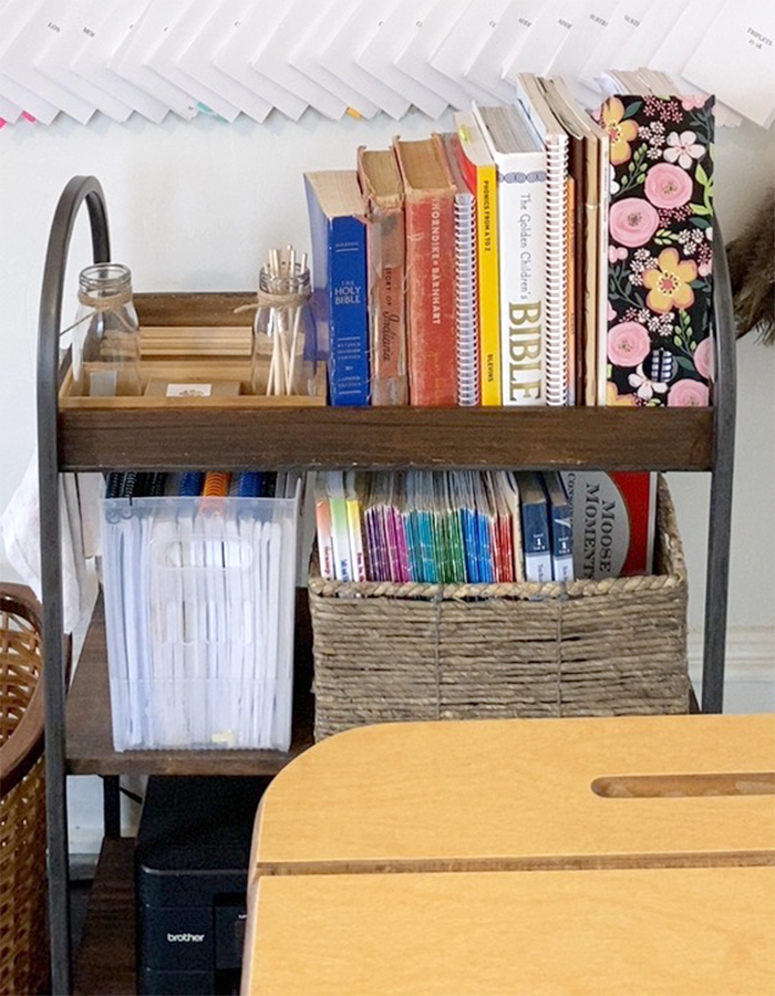 Book storage in minimalist homeschool room