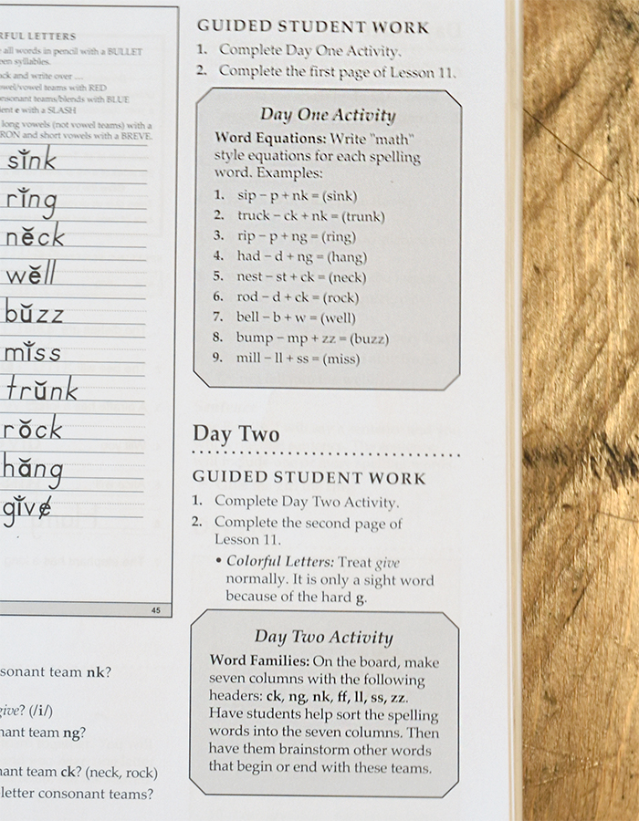 Simple interactive spelling activities provided in the Teacher Guide
