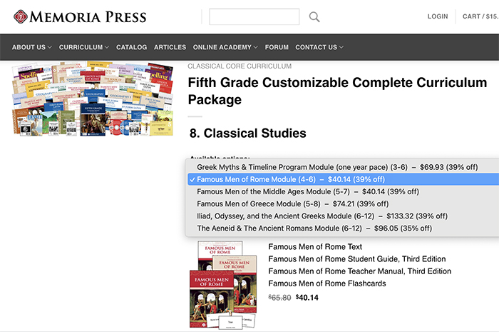 Screenshot of homeschool grade level selections for fifth grade