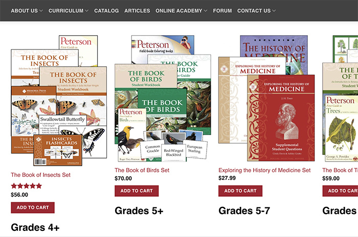 Screenshot of homeschool science options organized by grade