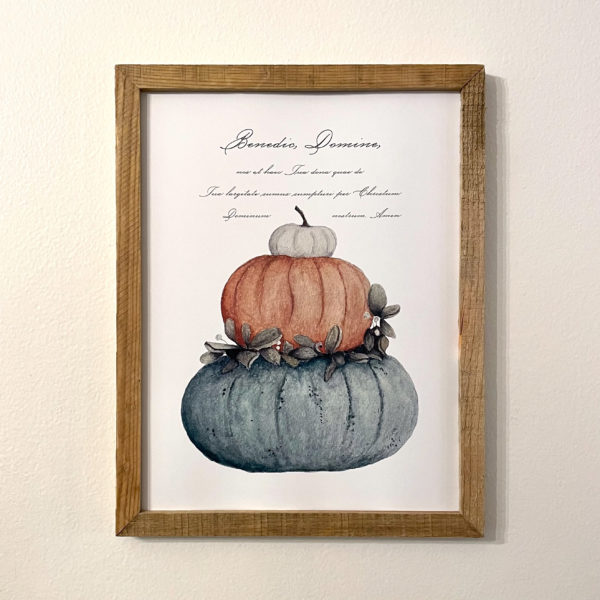 Watercolor pumpkin print with Table Blessing in Latin